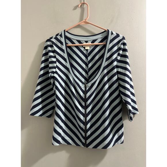 🔴Maeve by Anthropologie front-zip scoop neck top‎ Navy stripe size Medium - Picture 2 of 8